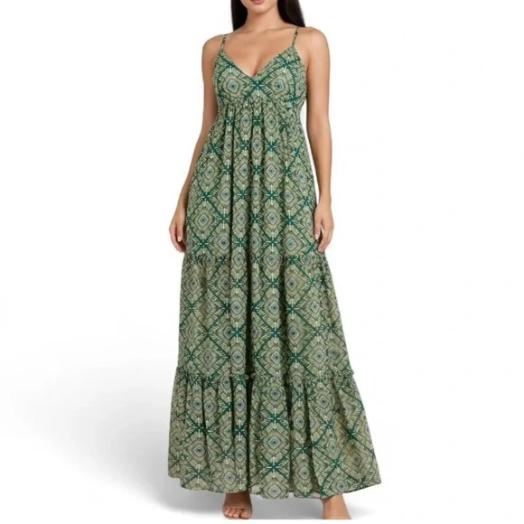 NWT Forever 21 Geometric Olive and Black Maxi Dress - Picture 1 of 7